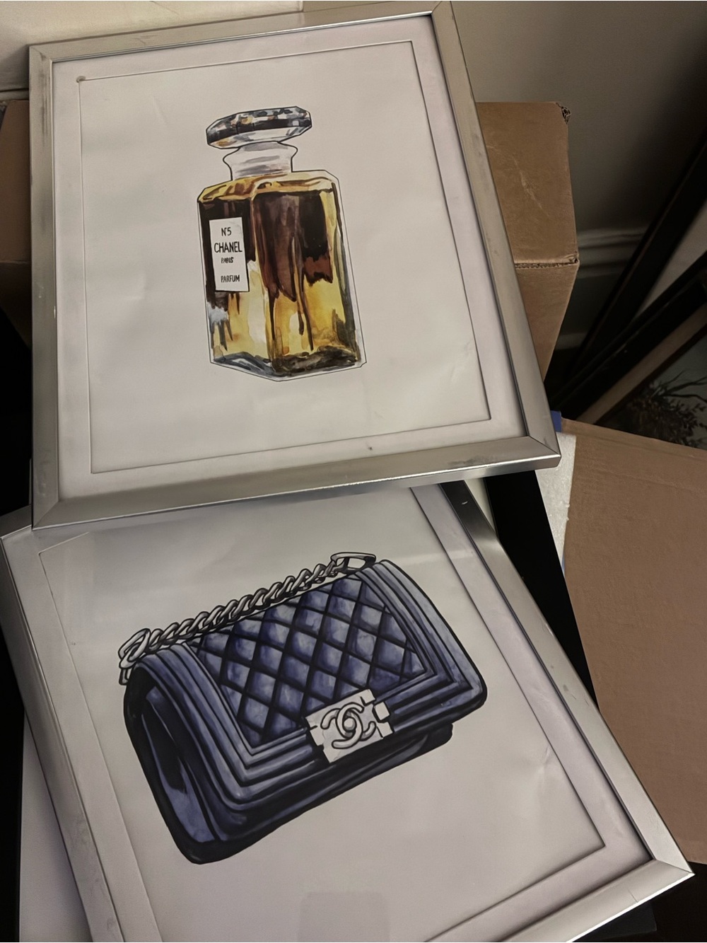 CHANEL Gold Perfume Bottle & Navy Quilted Handbag Art Prints